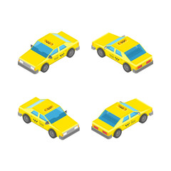 Isometric yellow taxi car. Service transport cars transport in four projections. Vector illustration EPS 10.