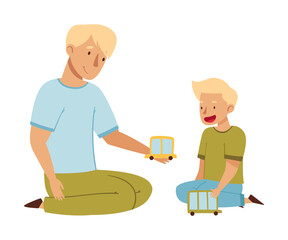Young Male Dad Sitting on the Floor with His Son and Playing Toy Car Vector Illustration
