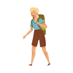 Young Blond Woman with Backpack Walking Vector Illustration