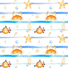 Pattern with funny sea inhabitants. Striped background. Marine life. Watercolor.