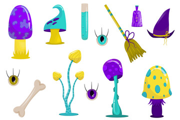 Vector clip art with fabulous mushrooms and witch attributes. Bones, eyes, broom, and phials. Fantasy elements for game designs.
