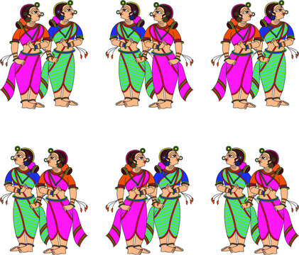 Lord's Gopika, Sevika, or lady servants in Indian mythology. who serves God. entertaining him with dance or music. Kalamkari painting, wall paintings, Indian folk art