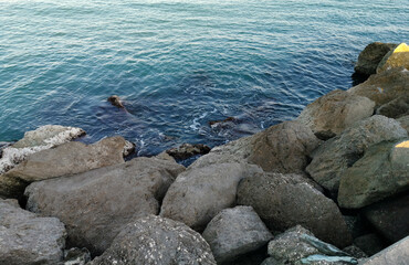 Scogli illuminati dal sole sul mare calmo e azzurro