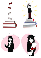 Set of vector pictures with students and diploma.