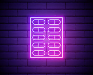 Glowing neon line Pills in blister pack icon isolated on brick wall background. Medical drug package for tablet vitamin, antibiotic, aspirin. Vector Illustration