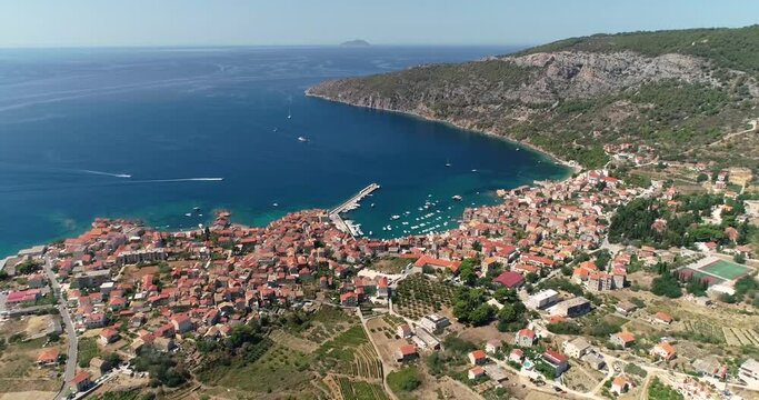 Aerial view of the bay of Komiza on the island of Vis, Dalmatia, Croatia.