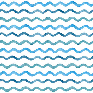 Watercolor blue waves on a white background. Hand drawn horizontal curly lines. Simple seamless pattern in nautical style. Stylised sea water. Summer ocean ornament for wallpaper and fabric design