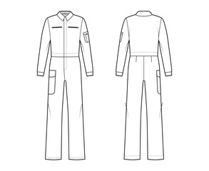 Boilersuit coverall Dungaree jumpsuit technical fashion illustration with full length, normal waist, high rise, pockets, long sleeves. Flat front back, white color style. Women, men unisex CAD mockup