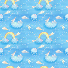 Hand-drawn seamless pattern. Illustrations on a blue watercolor background. Clouds, rainbow, raindrops, birds for decoration, design, textiles, fabrics, wallpaper, scrapbooking, cards, wrapping paper.