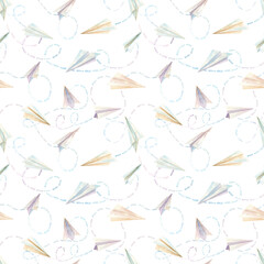Hand-drawn seamless pattern. Pastel light background with paper planes for decorations, design, textiles, fabrics, wallpapers, scrapbooking, cards, wrapping paper.