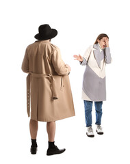 Exhibitionist exposing naked body under coat in front of young woman isolated on white