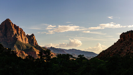 Panorama shot of valley at sunset in Zion national park in Utah, america