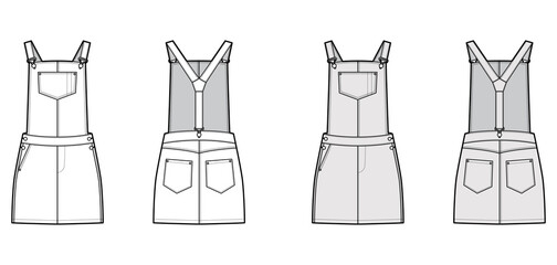 Dungaree dress Denim overall jumpsuit technical fashion illustration with mini length, normal waist, high rise, pockets, Rivets. Flat apparel front back, white, grey color style. Women, men CAD mockup