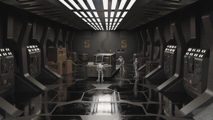 Future Soldiers in a Space Station Cargo Bay, 3d digitally rendered science fiction illustration © Algol