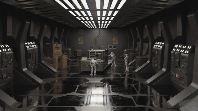 Future Soldiers in a Space Station Cargo Bay, 3d digitally rendered science fiction illustration