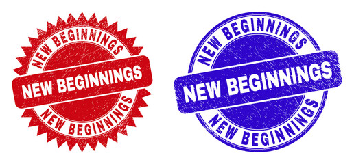Obraz premium Rounded and rosette NEW BEGINNINGS seals. Flat vector distress watermarks with NEW BEGINNINGS tag inside round and sharp rosette form, in red and blue colors. Watermarks with distress surface,