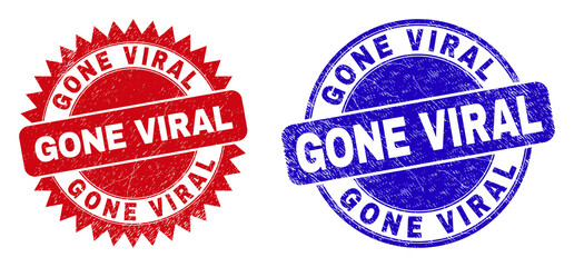 Round and rosette GONE VIRAL watermarks. Flat vector textured seal stamps with GONE VIRAL text inside round and sharp rosette form, in red and blue colors. Watermarks with corroded surface,