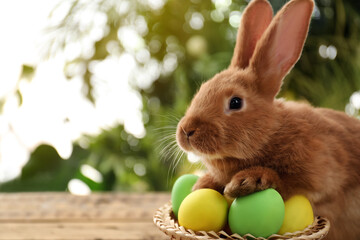 Cute bunny and basket with Easter eggs on table against blurred background. Space for text