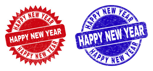 Round and rosette HAPPY NEW YEAR stamps. Flat vector scratched seal stamps with HAPPY NEW YEAR text inside round and sharp rosette shape, in red and blue colors. Imprints with corroded style,