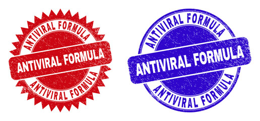 Round and rosette ANTIVIRAL FORMULA seal stamps. Flat vector scratched stamps with ANTIVIRAL FORMULA tag inside round and sharp rosette form, in red and blue colors. Watermarks with unclean surface,
