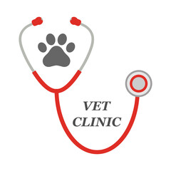 Stethoscope illustration with animal paw print symbol. Veterinary medicine emblem on a white background. 