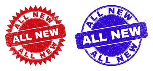 Round and rosette ALL NEW seal stamps. Flat vector distress seal stamps with ALL NEW slogan inside round and sharp rosette shape, in red and blue colors. Rubber imitations with scratched style,