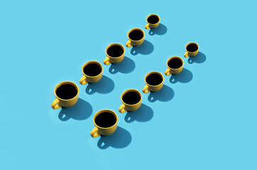 Pattern of a yellow coffee cup on a blue background. Coffee addiction.