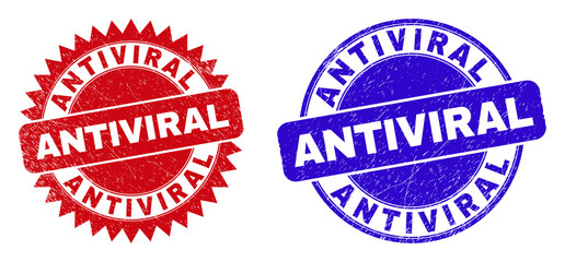 Round and rosette ANTIVIRAL stamps. Flat vector grunge watermarks with ANTIVIRAL slogan inside round and sharp rosette form, in red and blue colors. Watermarks with scratched texture,