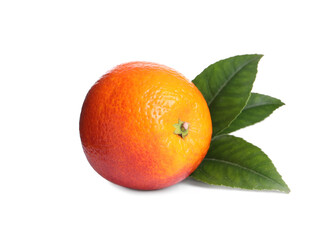 Whole ripe red orange with green leaves on white background