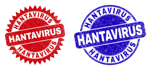 Round and rosette HANTAVIRUS seal stamps. Flat vector distress stamps with HANTAVIRUS tag inside round and sharp rosette shape, in red and blue colors. Imprints with scratched texture,