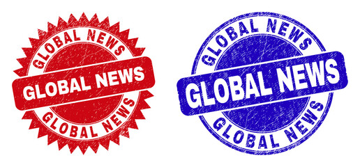 Round and rosette GLOBAL NEWS seals. Flat vector distress seals with GLOBAL NEWS slogan inside round and sharp rosette form, in red and blue colors. Imprints with unclean texture,