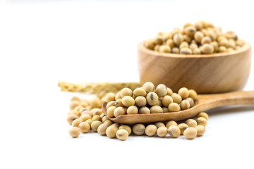 Healthy soybeans In a wooden cup On white background