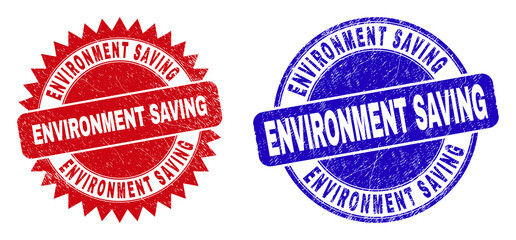 Round and rosette ENVIRONMENT SAVING watermarks. Flat vector textured watermarks with ENVIRONMENT SAVING tag inside round and sharp rosette shape, in red and blue colors.