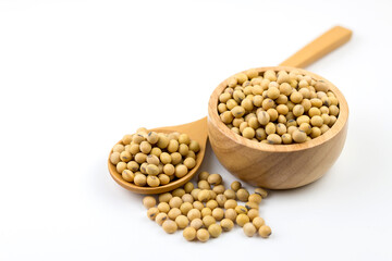 Healthy soybeans In a wooden cup On white background