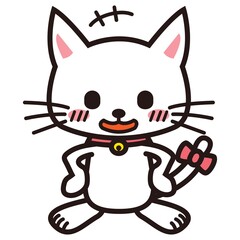 手を腰に当て胸をはる白い猫