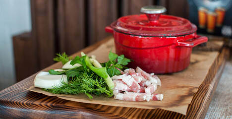 photo for menu, Russian borscht with sour cream garlic pepper and sauce, Ukrainian borscht with sour cream, food background, Food and healt Close