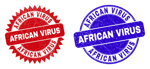 Rounded and rosette AFRICAN VIRUS seals. Flat vector grunge watermarks with AFRICAN VIRUS slogan inside round and sharp rosette shape, in red and blue colors. Watermarks with grunge texture,