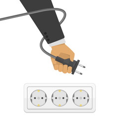 Electric power plug in hand, illustration in flat style. Man holding electric power plug. Unplug, plugged in wall socket. Electricity concept.