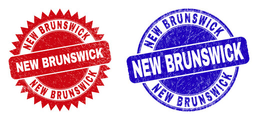 Round and rosette NEW BRUNSWICK watermarks. Flat vector distress watermarks with NEW BRUNSWICK caption inside round and sharp rosette shape, in red and blue colors. Watermarks with corroded surface,