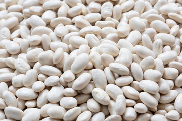 Small Navy, haricot, white pea, white kidney or Cannellini Purgatorio beans texture background or pattern. Raw legume food.