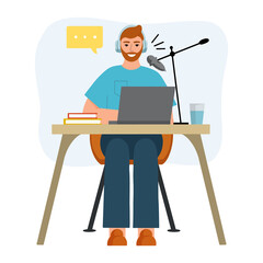 Young smiling man sitting with headphones, microphone and laptop at the desk and recording audio podcast. Concept of radio broadcasting. Flat vector illustration.