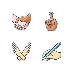 Hand gestures RGB color icons set. Business deal, handshake. Crossed arms and fingers. Body language. Gesturing. Improving ability to explain. Mutually beneficial deal. Isolated vector illustrations
