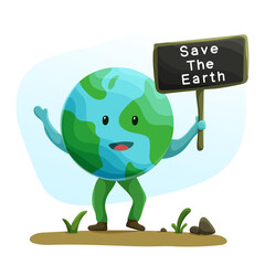 Cute cartoon Earth holding placard. Save and protect planet. Activist protest. Flat vector illustration.