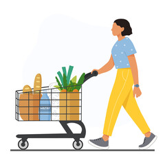 Young woman with supermarket shopping cart, full of groceries. Flat vector illustration isolated on white background.