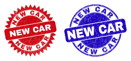 Round and rosette NEW CAR watermarks. Flat vector textured watermarks with NEW CAR text inside round and sharp rosette form, in red and blue colors. Imprints with grunged surface,