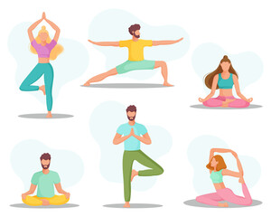 Collection of young people in yoga position. Physical and spiritual practice. The concept of yoga, meditation and relax. Health benefits for the body and mind. Vector illustration.