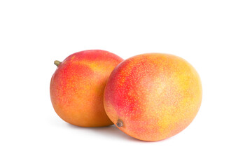 Delicious ripe juicy mangoes on white background