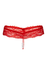 Subject shot of red G-string made as lace strap with thin string and pearl beads in intimate area. The revealing panties are isolated on the white background.