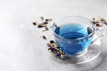 Obraz na płótnie Canvas Glass cup of organic blue Anchan on light table, space for text. Herbal tea