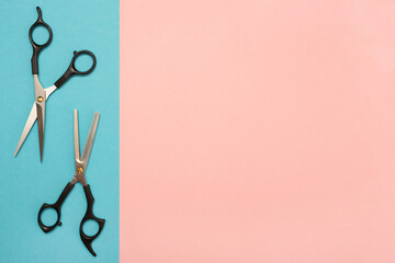 Hairdresser Accessories. Hair scissors. Barber tools. Color background.